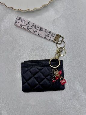 Black Quilted Card Holder Wallet Keychain Wristlet Charm Set